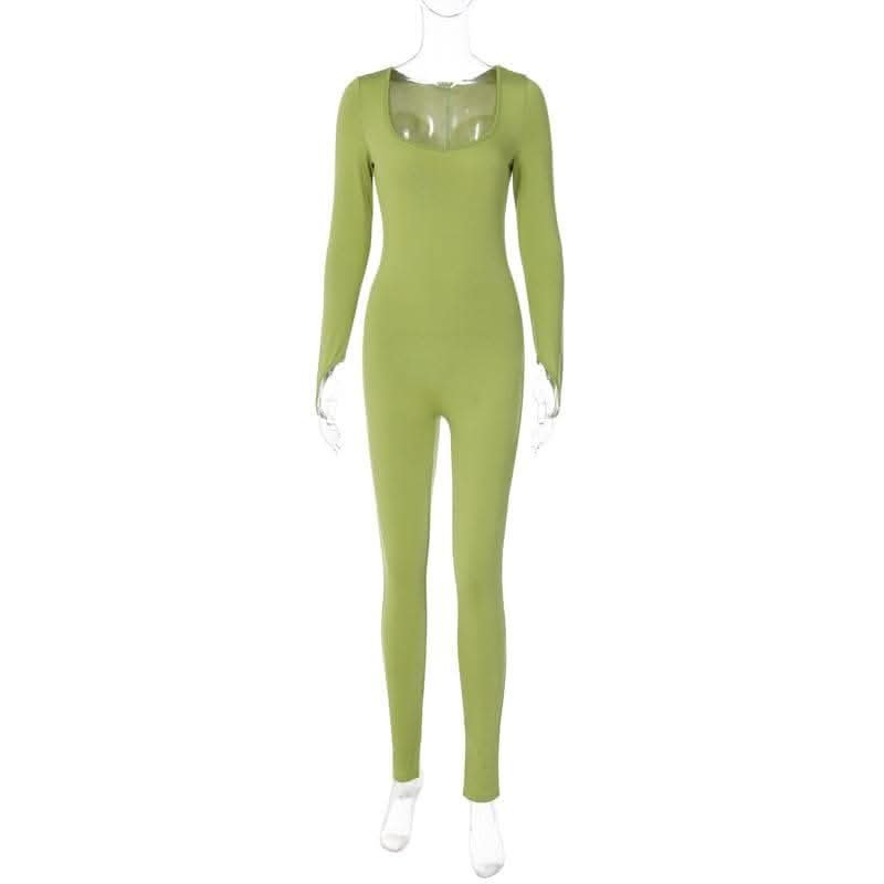 Long sleeve solid u neck slit jumpsuit- Final Sale-final-sale  | Festival Outfits Women