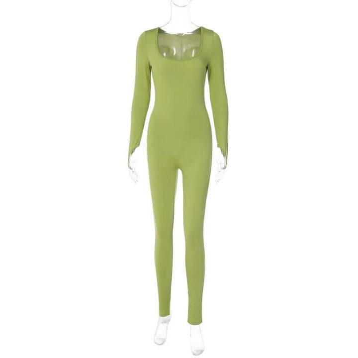 Long sleeve solid u neck slit jumpsuit- Final Sale-final-sale  | Festival Outfits Women