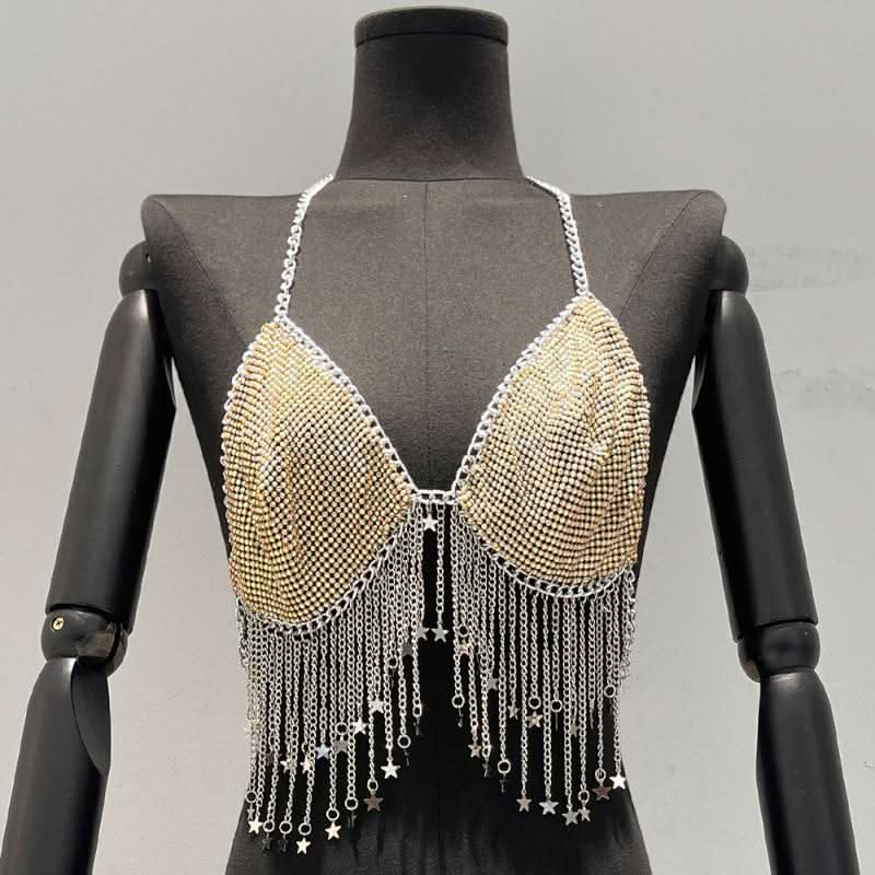 Metal chain halter beaded v neck tassels top  | Festival Outfits Women-final-sale