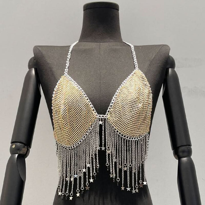 Metal chain halter beaded v neck tassels top  | Festival Outfits Women-final-sale