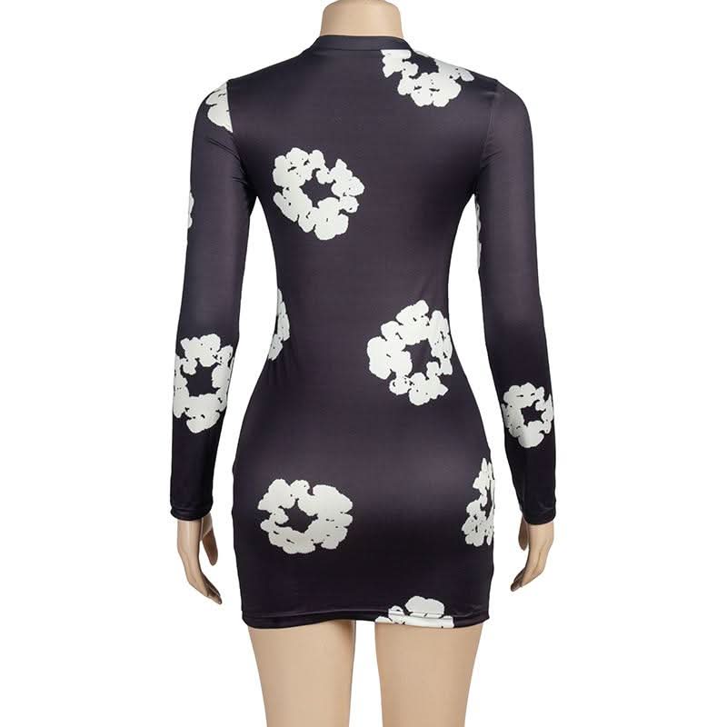 Long sleeve crewneck flower print mini dress  | Festival Outfits Women