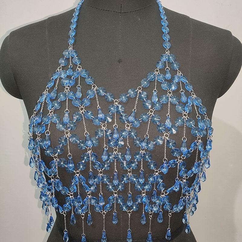 Metal chain plastic crystal halter backless crop top  | Festival Outfits Women
