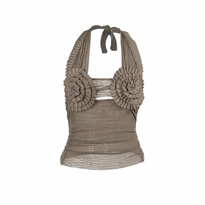 Halter pleated hollow out ruched mesh backless cut out top-final-sale  | Festival Outfits Women