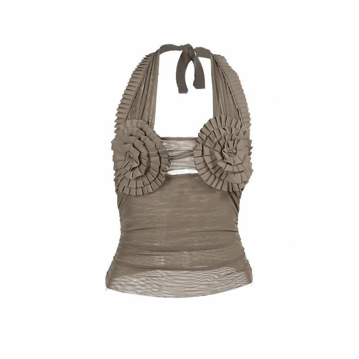 Halter pleated hollow out ruched mesh backless cut out top-final-sale  | Festival Outfits Women