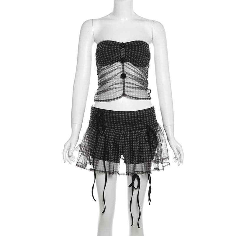 Rose applique plaid mesh ruched tube mini skirt set  | Festival Outfits Women