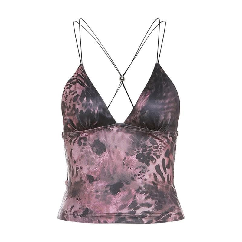 Butterfly applique backless v neck contrast print crop top-final-sale
