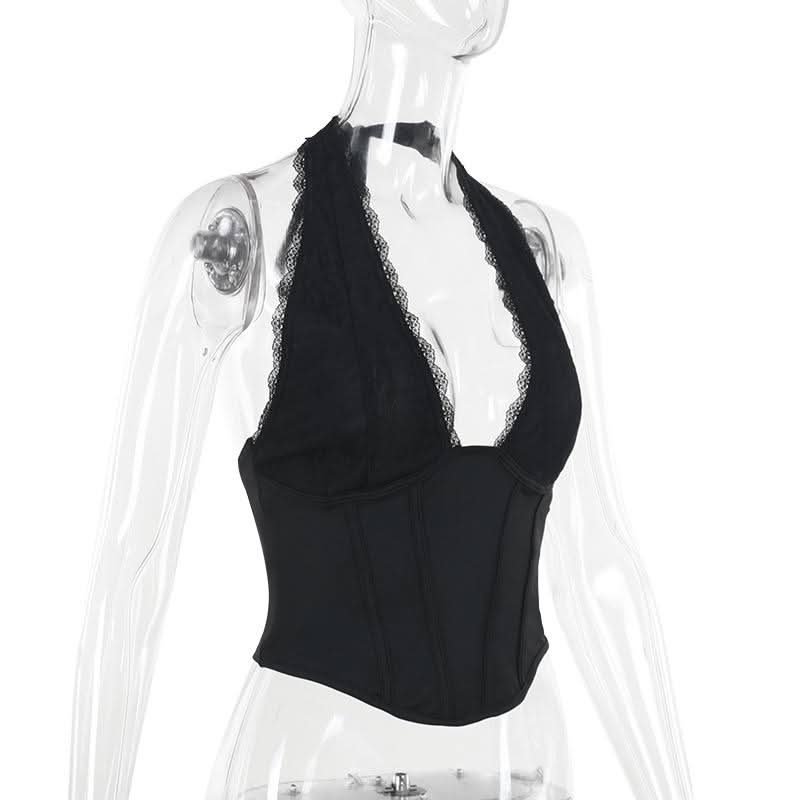Halter self tie lace hem deep V neck corset top  | Festival Outfits Women-final-sale