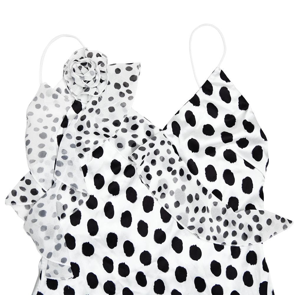 Polka dot flower applique ruffle cami maxi dress  | Festival Outfits Women