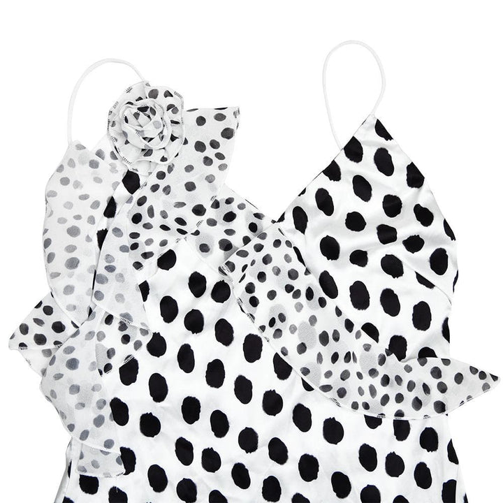 Polka dot flower applique ruffle cami maxi dress  | Festival Outfits Women