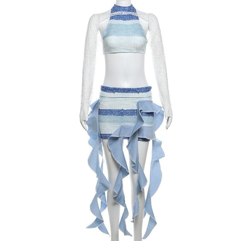Crewneck long sleeve lace 3 piece striped print mini skirt set  | Festival Outfits Women