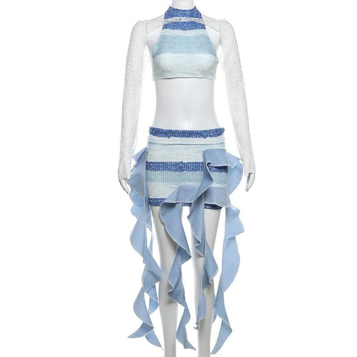 Crewneck long sleeve lace 3 piece striped print mini skirt set  | Festival Outfits Women