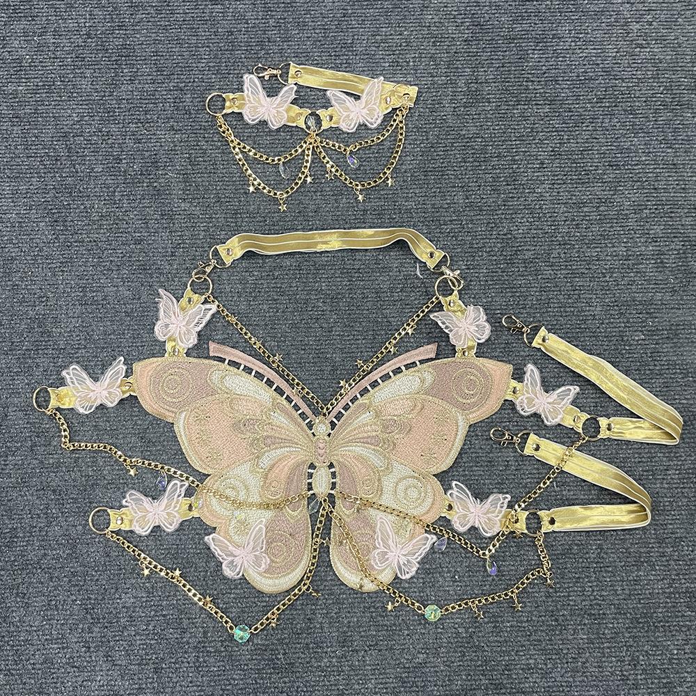 Butterfly embroidery metal chain halter top with choker  | Festival Outfits Women