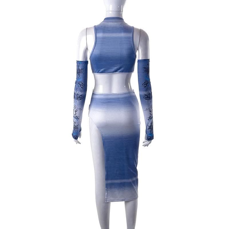 Contrast abstract print hollow out slit gloves cut out midi dress-final-sale  | Festival Outfits Women