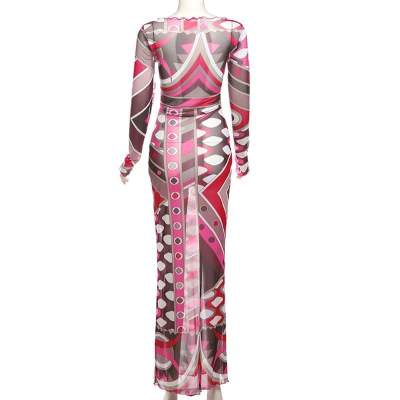 Long sleeve ruffle abstract mesh maxi dress-final-sale  | Festival Outfits Women