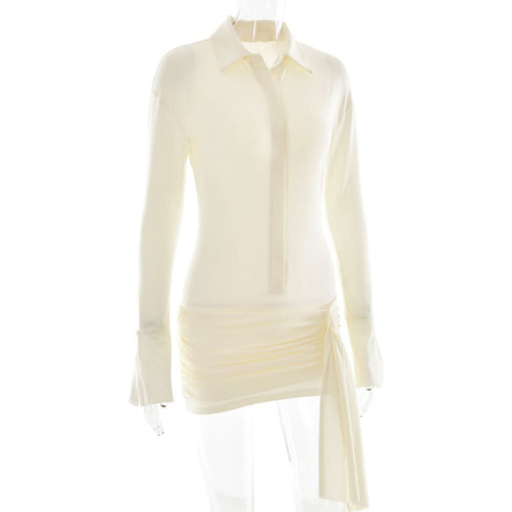 Turnover collar long sleeve button ruched mini dress  | Festival Outfits Women