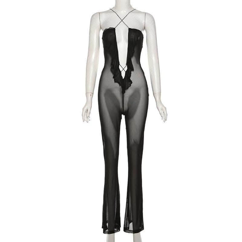 Sheer mesh solid ruffle see through cross front jumpsuit-final-sale  | Festival Outfits Women