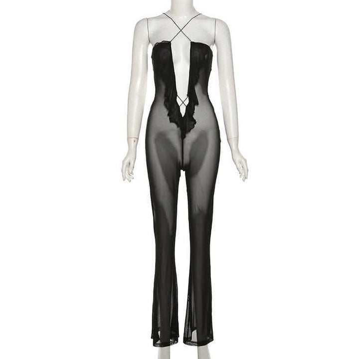 Sheer mesh solid ruffle see through cross front jumpsuit-final-sale  | Festival Outfits Women