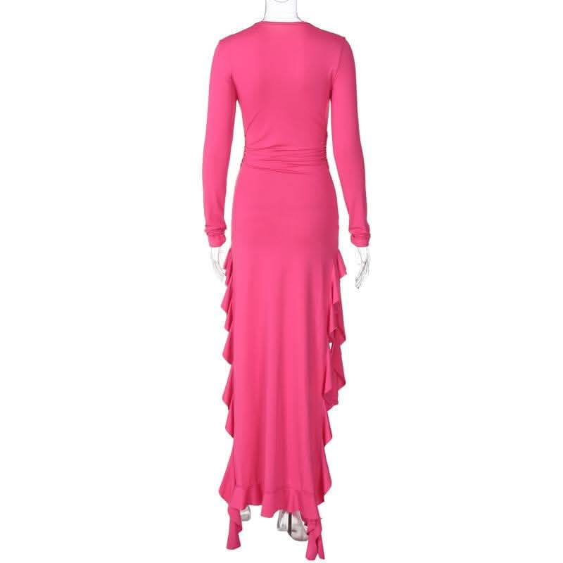 Long sleeve crewneck ruffle slit solid ruched maxi dress-final-sale  | Festival Outfits Women