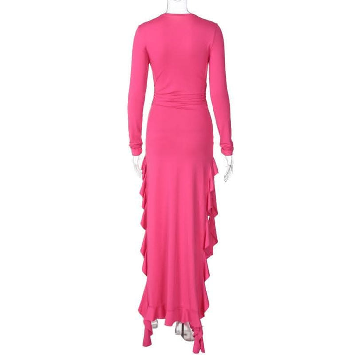 Long sleeve crewneck ruffle slit solid ruched maxi dress-final-sale  | Festival Outfits Women
