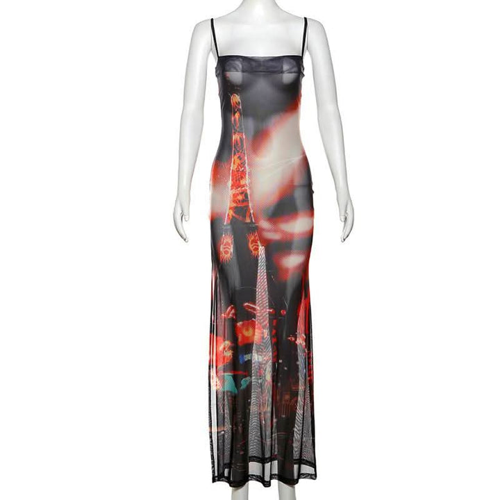 Abstract mesh high slit cami maxi dress  | Festival Outfits Women