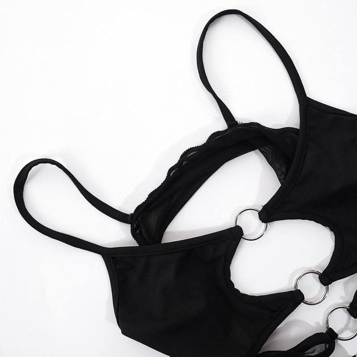 Mesh halter o ring solid hollow out backless patchwork crop cut out top-final-sale