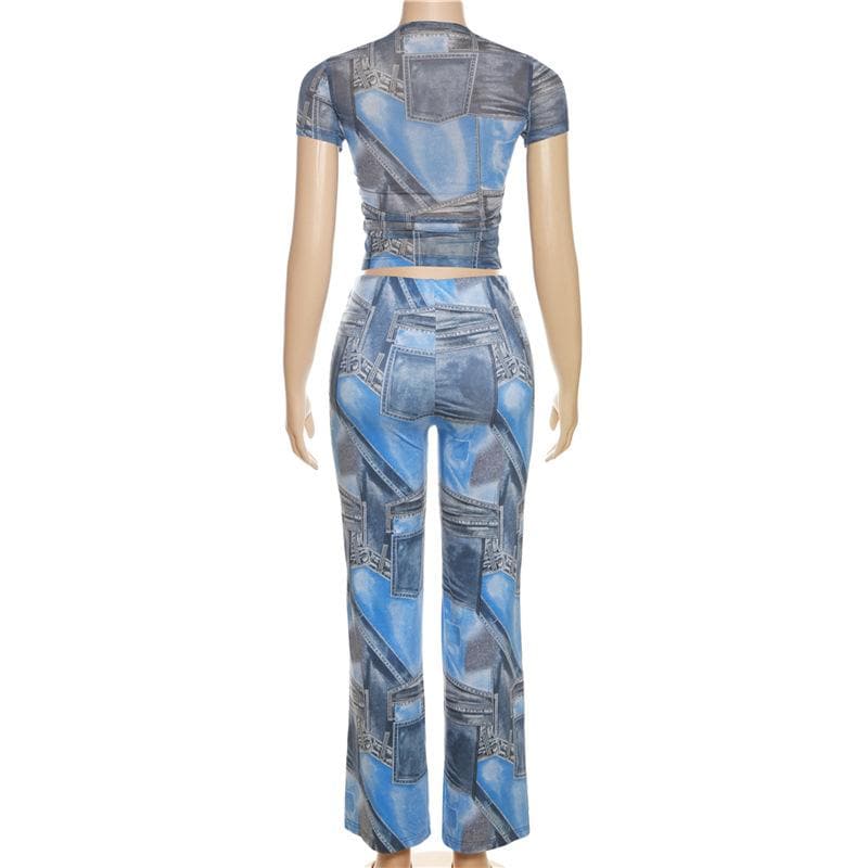 Denim print contrast short sleeve crewneck pant set-final-sale  | Festival Outfits Women