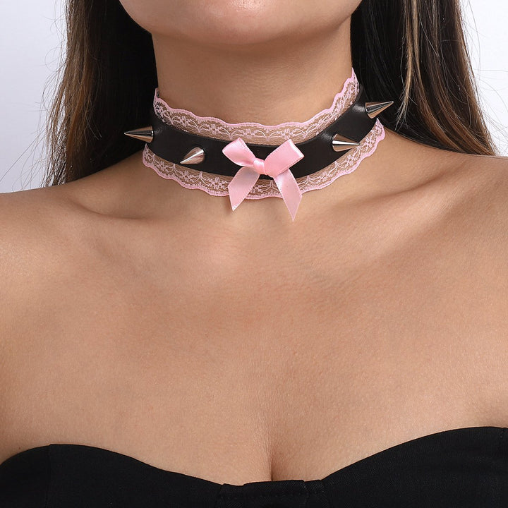PU leather lace hem bowknot rivet decor chocker  | Festival Outfits Women