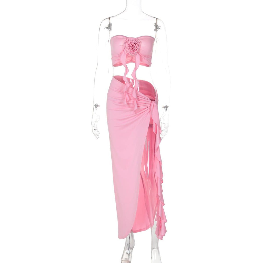 Flower applique ruffle high slit ruched tube skirt set  | Festival Outfits Women