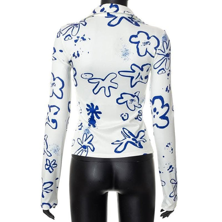 Turnover collar button contrast print long sleeve top-final-sale  | Festival Outfits Women
