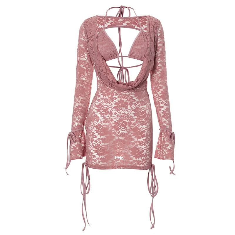 Long sleeve lace hollow out self tie 2 piece mini skirt set  | Festival Outfits Women