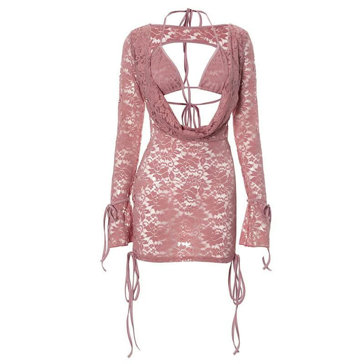 Long sleeve lace hollow out self tie 2 piece mini skirt set  | Festival Outfits Women