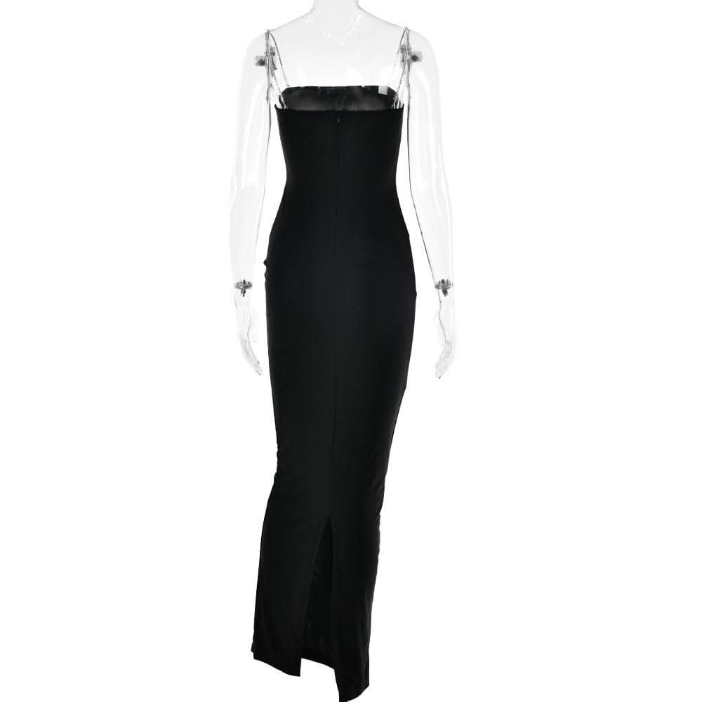 Metal chain square neck slit solid knotted maxi dress-final-sale  | Festival Outfits Women