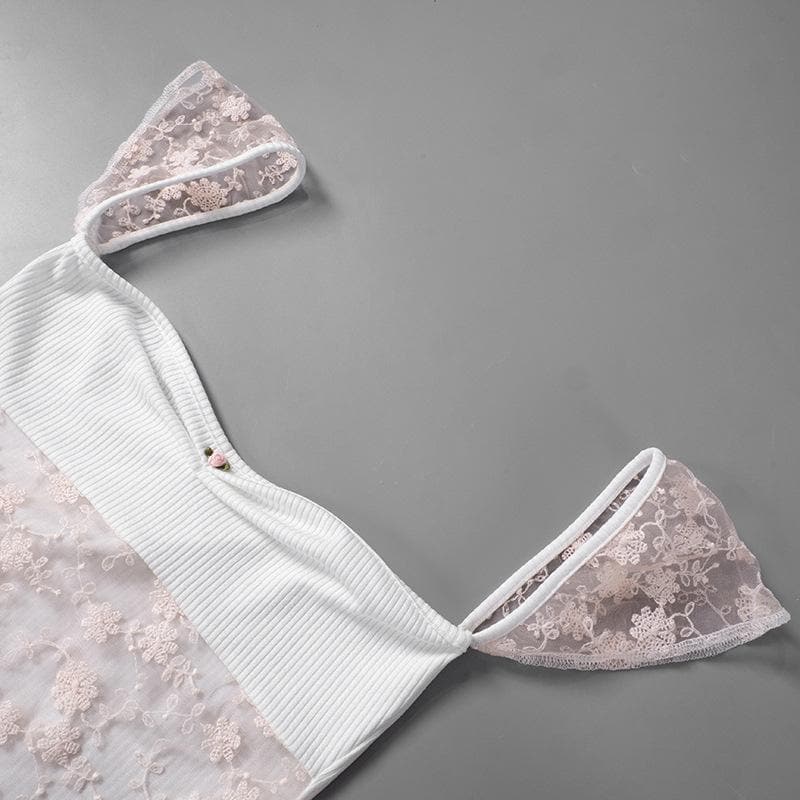 Riga mai lace mai kauri da aka yi da ribbed top | Kayan Biki na Mata