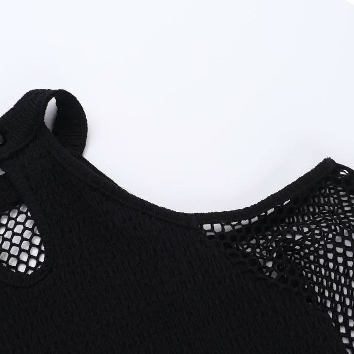 Off shoulder long sleeve fishnet patchwork buckle top  | Festival Outfits Women