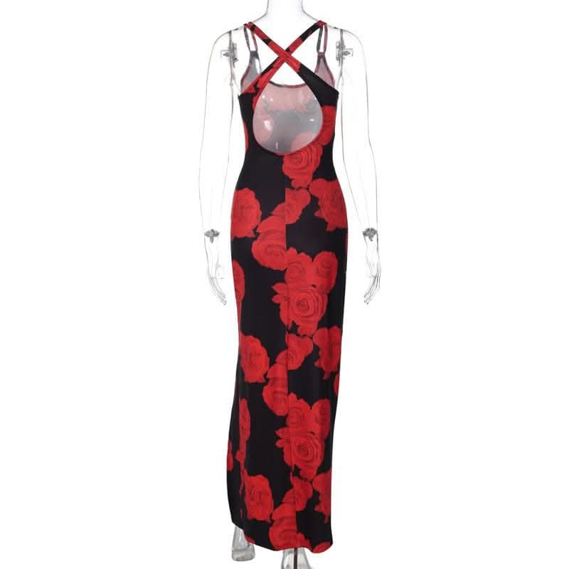 Rose print u neck slit cross back cami maxi dress-final-sale  | Festival Outfits Women