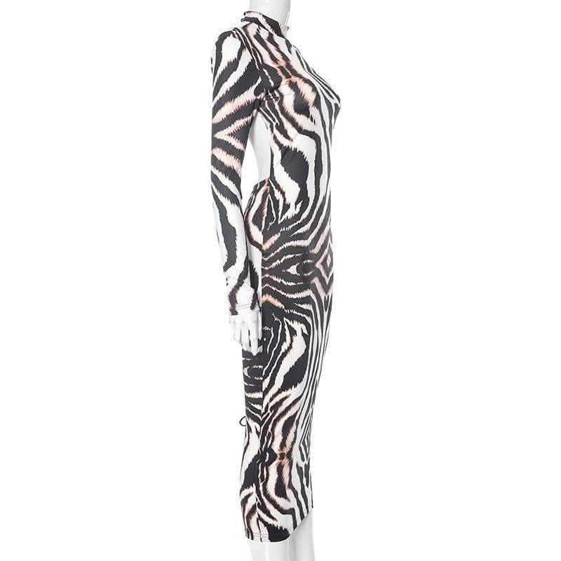 Backless self tie long sleeve tiger print contrast midi dress-final-sale  | Festival Outfits Women