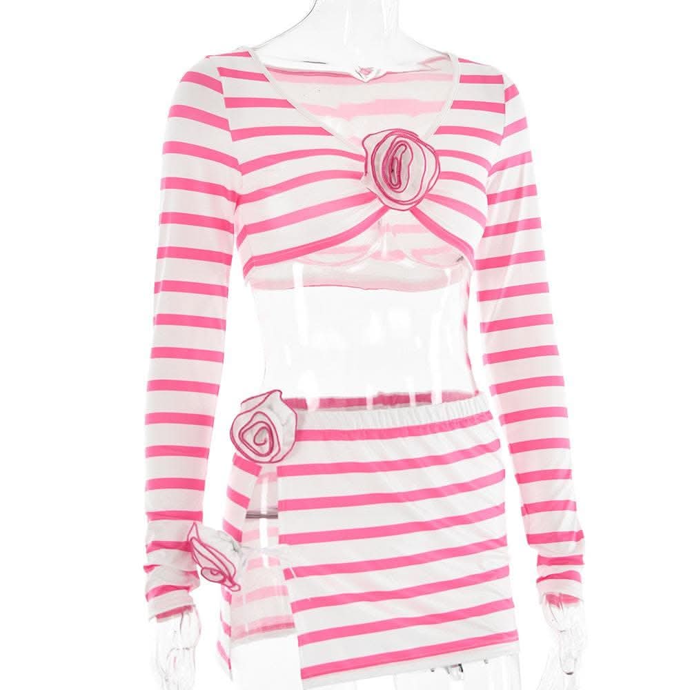 Striped flower applique long sleeve contrast slit mini skirt set-final-sale  | Festival Outfits Women