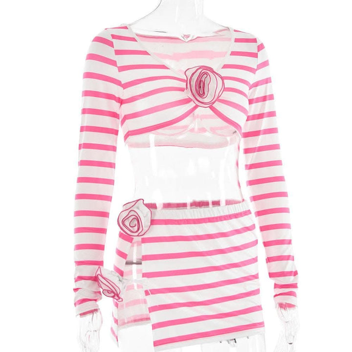 Striped flower applique long sleeve contrast slit mini skirt set-final-sale  | Festival Outfits Women