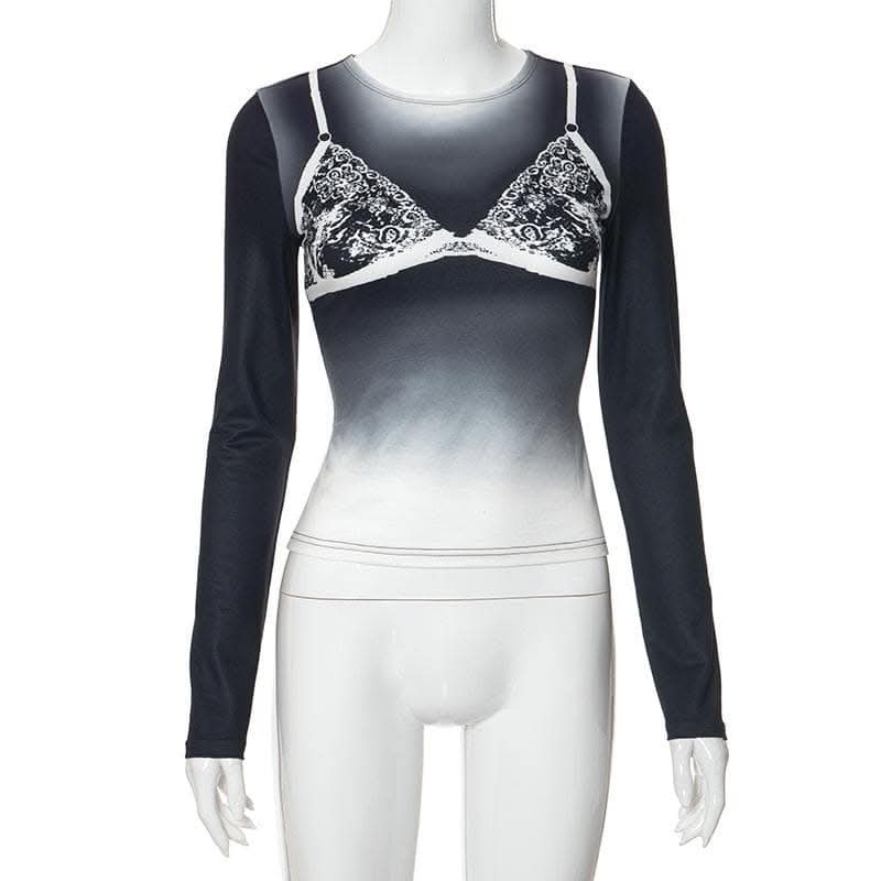 Long sleeve body print gradient crewneck contrast top-final-sale  | Festival Outfits Women