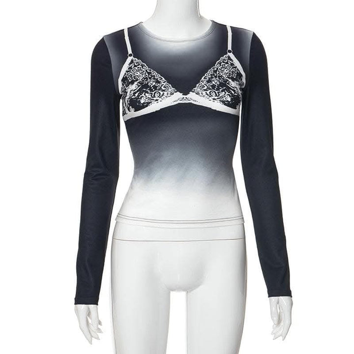 Long sleeve body print gradient crewneck contrast top-final-sale  | Festival Outfits Women