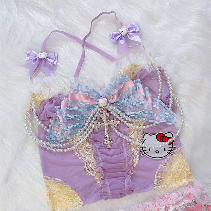 Bowknot beaded "Hello Kitty" pattern mesh cami top  | Festival Outfits Women