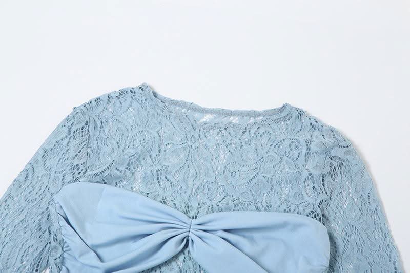 Long sleeve lace patchwork ruched mini dress  | Festival Outfits Women-final-sale