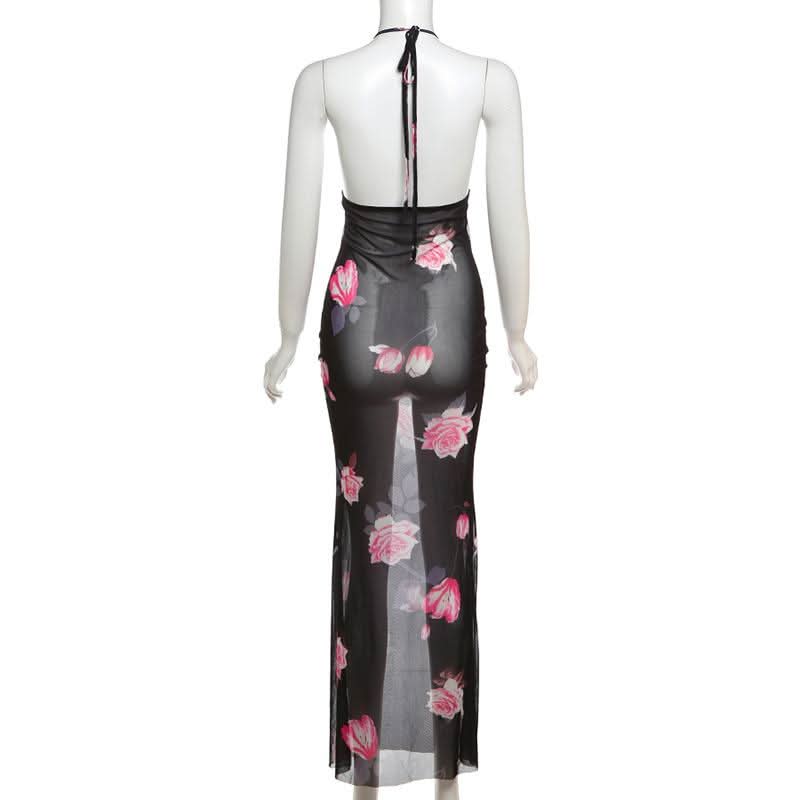Halter v neck flower print see through maxi dress  | Festival Outfits Women