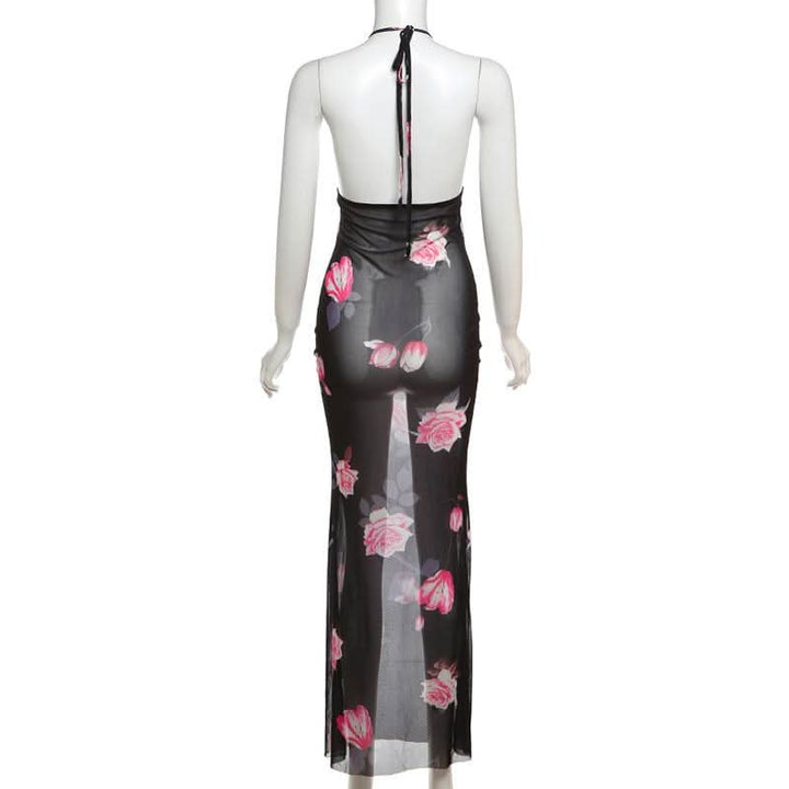 Halter v neck flower print see through maxi dress  | Festival Outfits Women