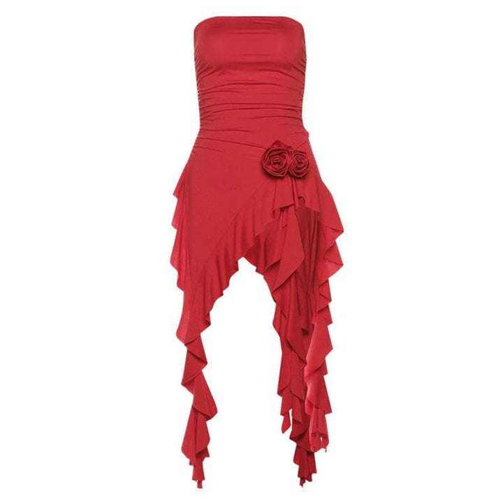 Rose applique ruffle ruched tube top  | Festival Outfits Women-final-sale