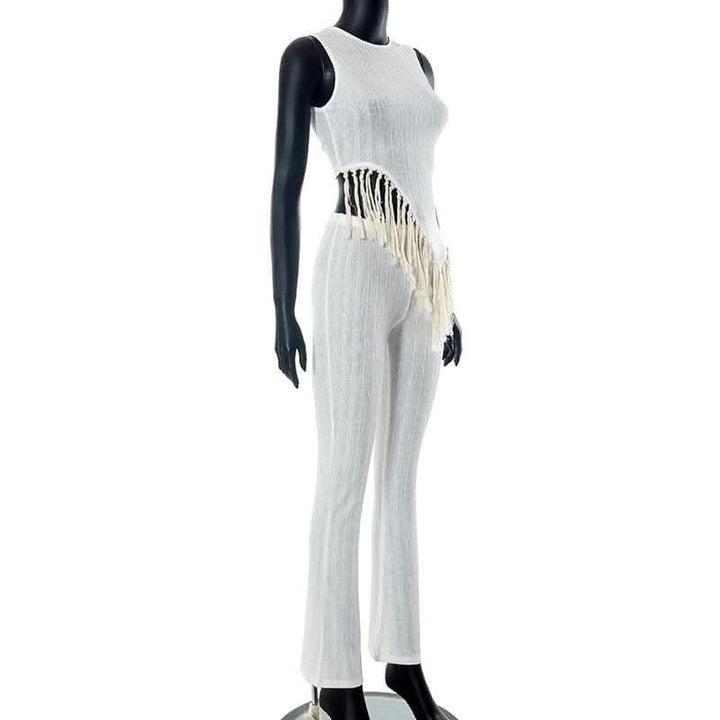 Irregular sleeveless textured crewneck tassels solid pant set-final-sale  | Festival Outfits Women