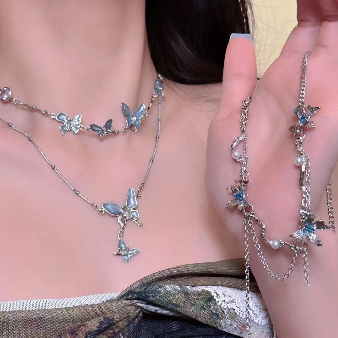 Blue butterfly metal chain layered choker necklace  | Festival Outfits Women