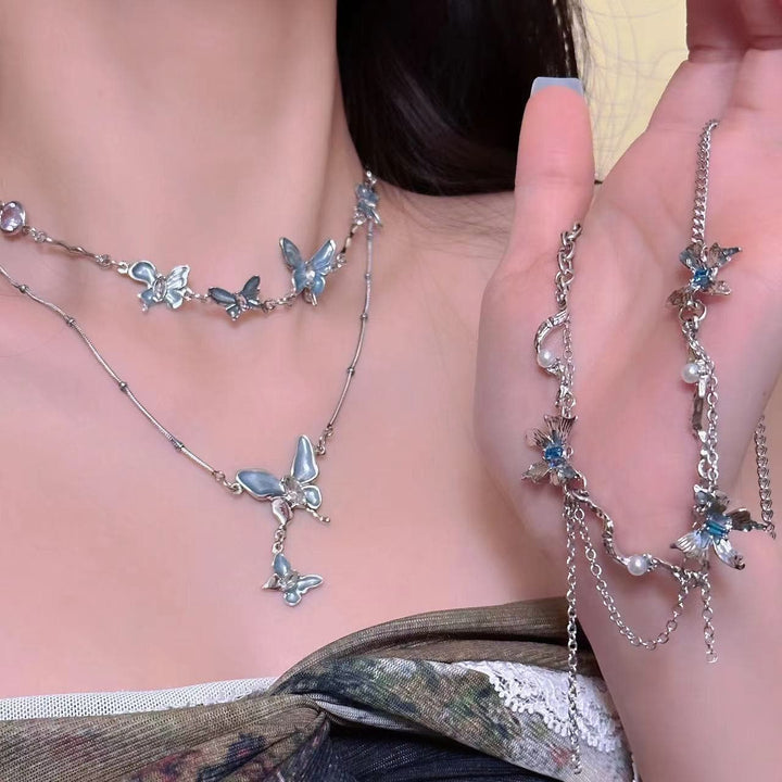 Blue butterfly metal chain layered choker necklace  | Festival Outfits Women