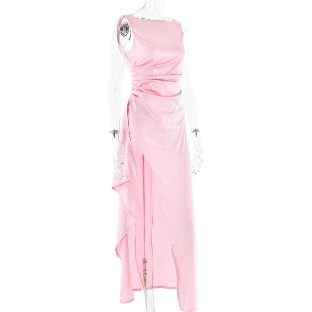 Ruched high slit satin round neck backless maxi dress  | Festival Outfits Women