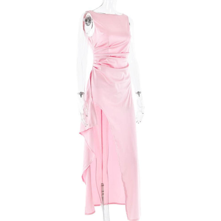 Ruched high slit satin round neck backless maxi dress  | Festival Outfits Women